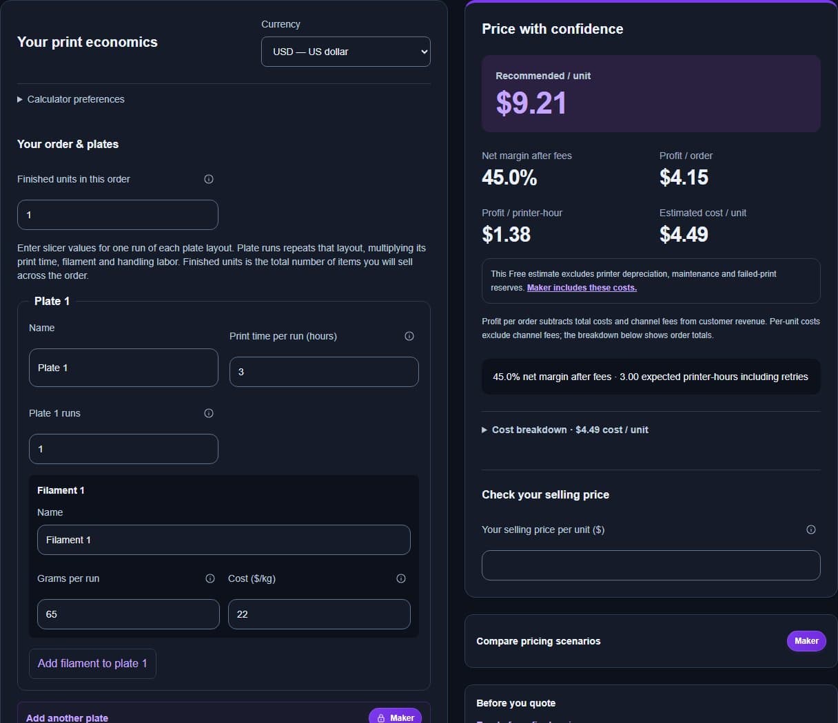 Free calculator example: recommended price $9.21, cost $4.49, profit $4.15 and profit per printer-hour $1.38.