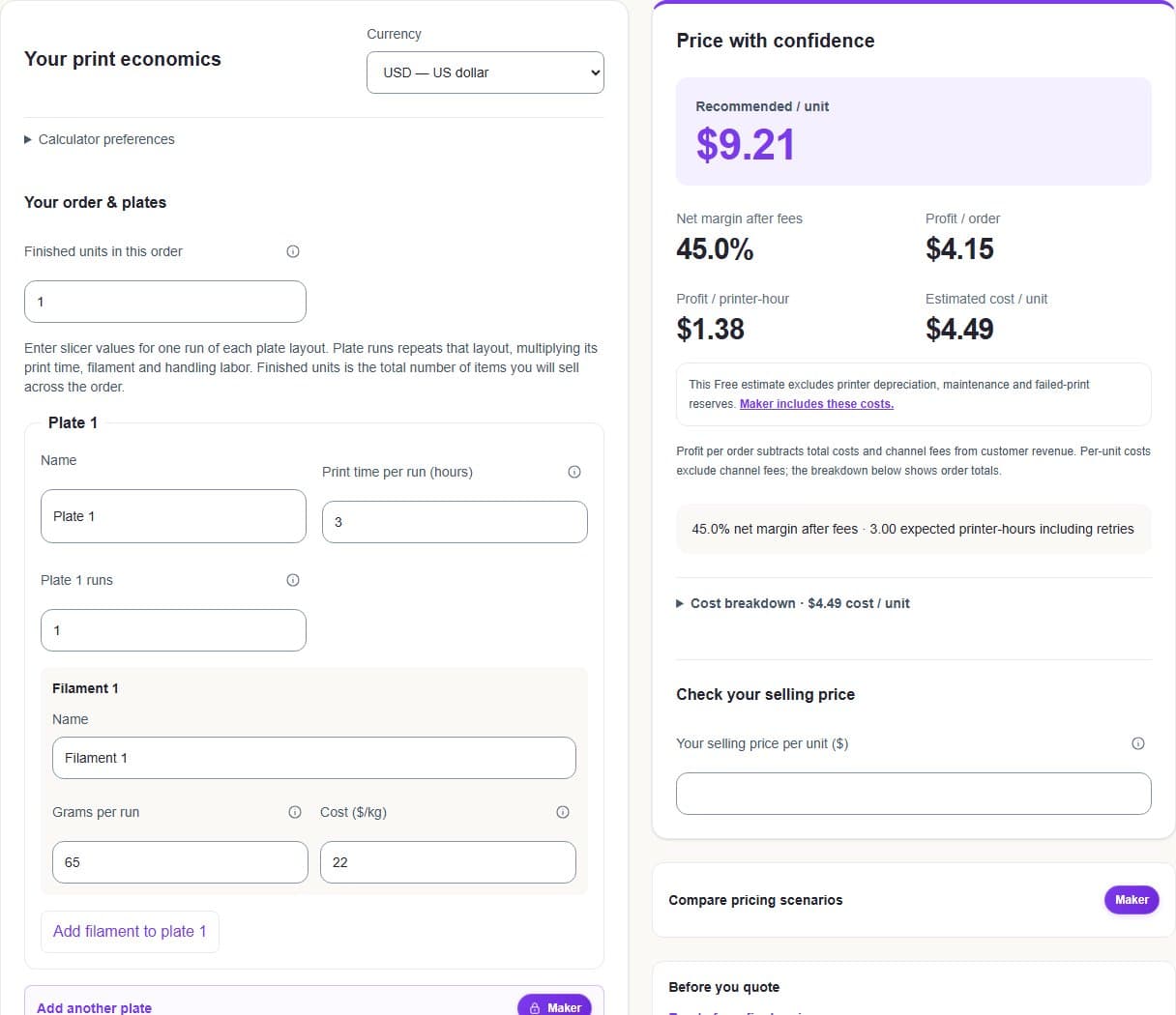 Free calculator example: recommended price $9.21, cost $4.49, profit $4.15 and profit per printer-hour $1.38.